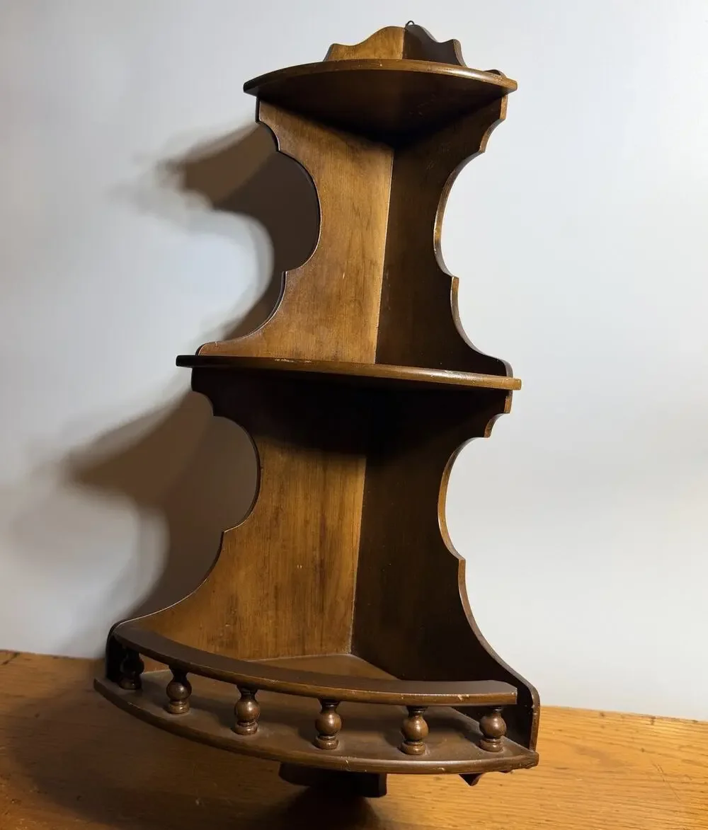 Vintage Dark Wood Wall Corner Shelf 3 Tier Rail Cottage Country Display 25